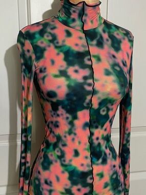 Proenza Schouler Tie Dye Coral  & Green Power Jersey Turtleneck Top NWT xs